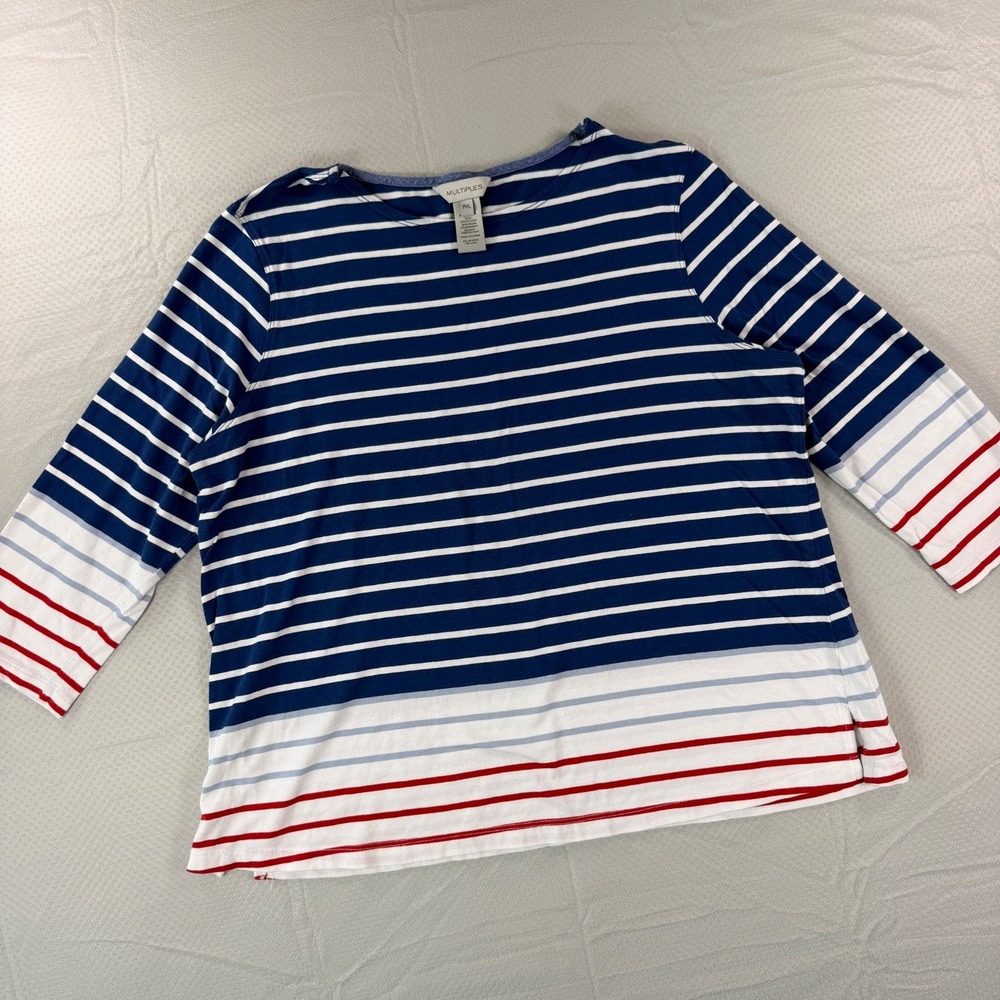 Multiples Women Striped 3/4 Sleeve Top Petite XL Blue White Red Nautical